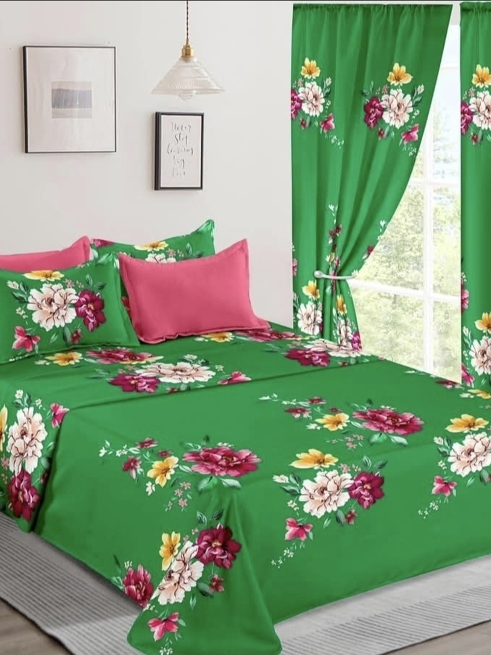 Green Floral Sheet Set with Pink Accents by
